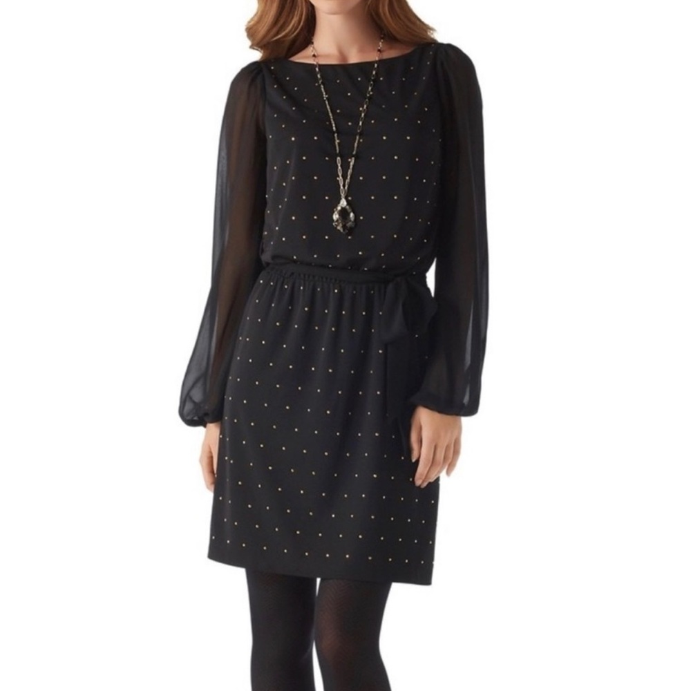 WHBM Gold Studded Sheer Sleeve Blouson Dress with Tie | Sz 6